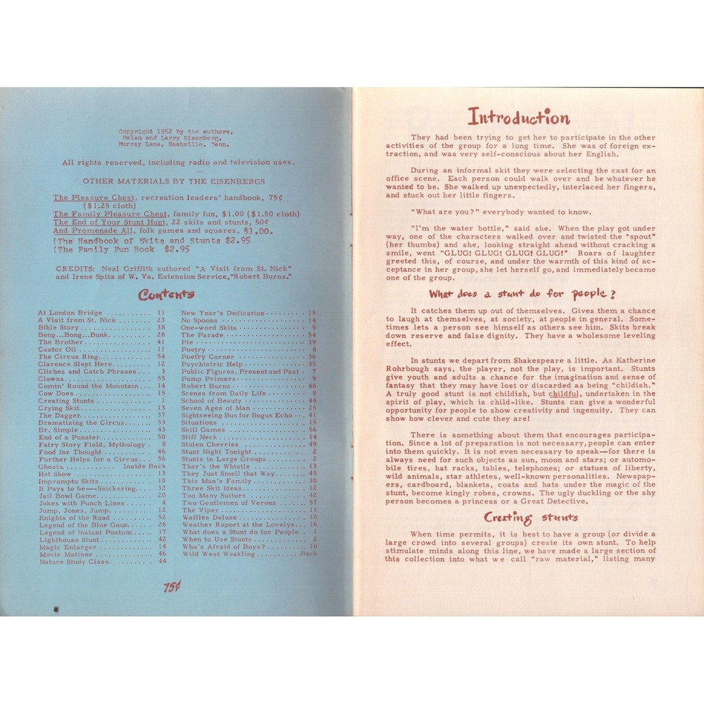 Vintage 1952 Skit Hits Sketches Stunts Helen Larry Eisenberg Softcover Booklet - Picture 3 of 3